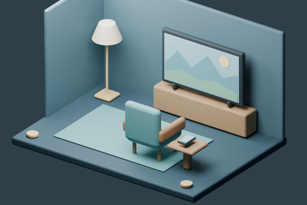 An illustrated living room with a TV, a comfortable chair, and a phone on a side table.